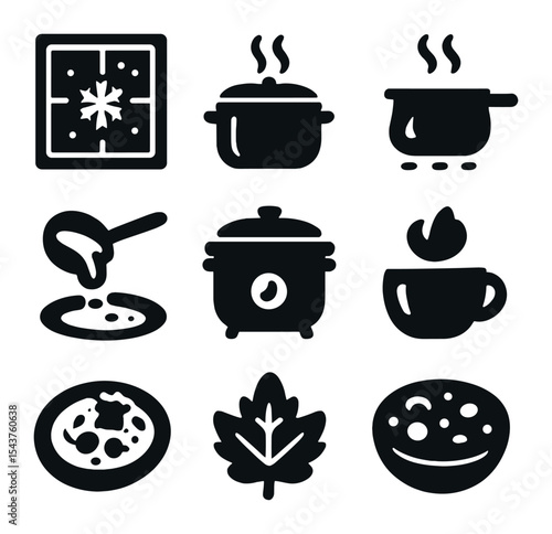 Winter Stew Icons. Solid, filled icons set of rich and comforting winter stew: snowy window, warm pot, gentle