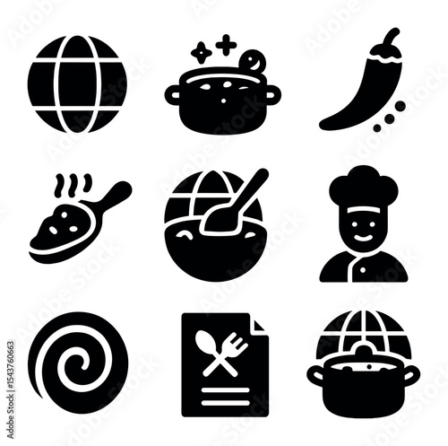 Global Cuisine Icons. Solid, filled icons set of global stew recipes and flavors: world icon, cultural pot,