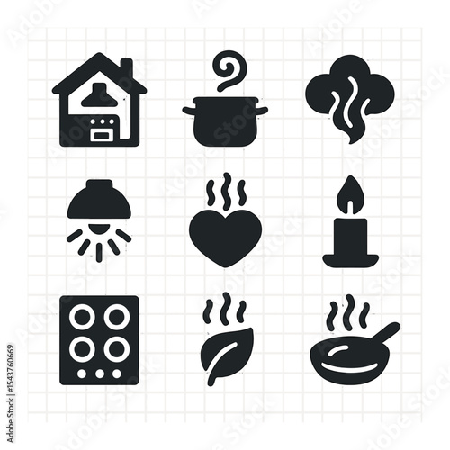 Kitchen Icons Grid. Solid, filled icons set of homemade kitchen warmth and aroma: kitchen icon, pot swirl,