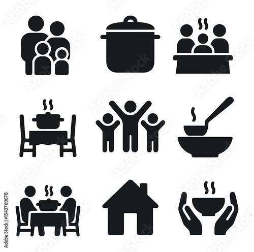 Family Stew Icons. Solid, filled icons set of family and communal stew meals: family icon, big pot, shared