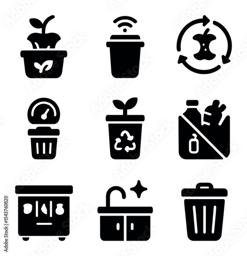 Kitchen Waste Management Icons. Solid, filled icons set of kitchen waste management: compost icon, smart bin,