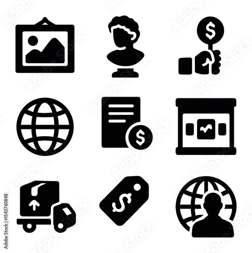 Art Market Icons. Solid, filled icons set of art and antique market exchange: painting icon, ancient statue,