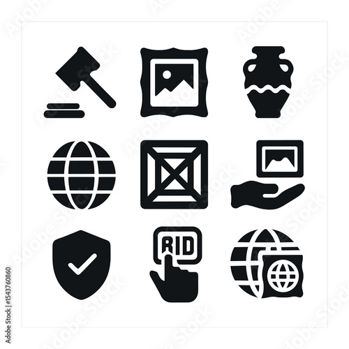 Art Auction Icons. Solid, filled icons set of art trading and international auctions: auction hammer, art