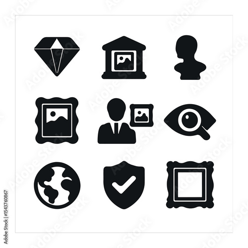 Art Icon Collection. Solid, filled icons set of museum-quality art deals: rare icon, gallery icon, museum