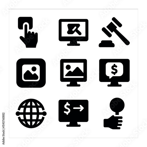 Digital Art Platforms. Solid, filled icons set of digital art trading platforms: digital bid, online auction,