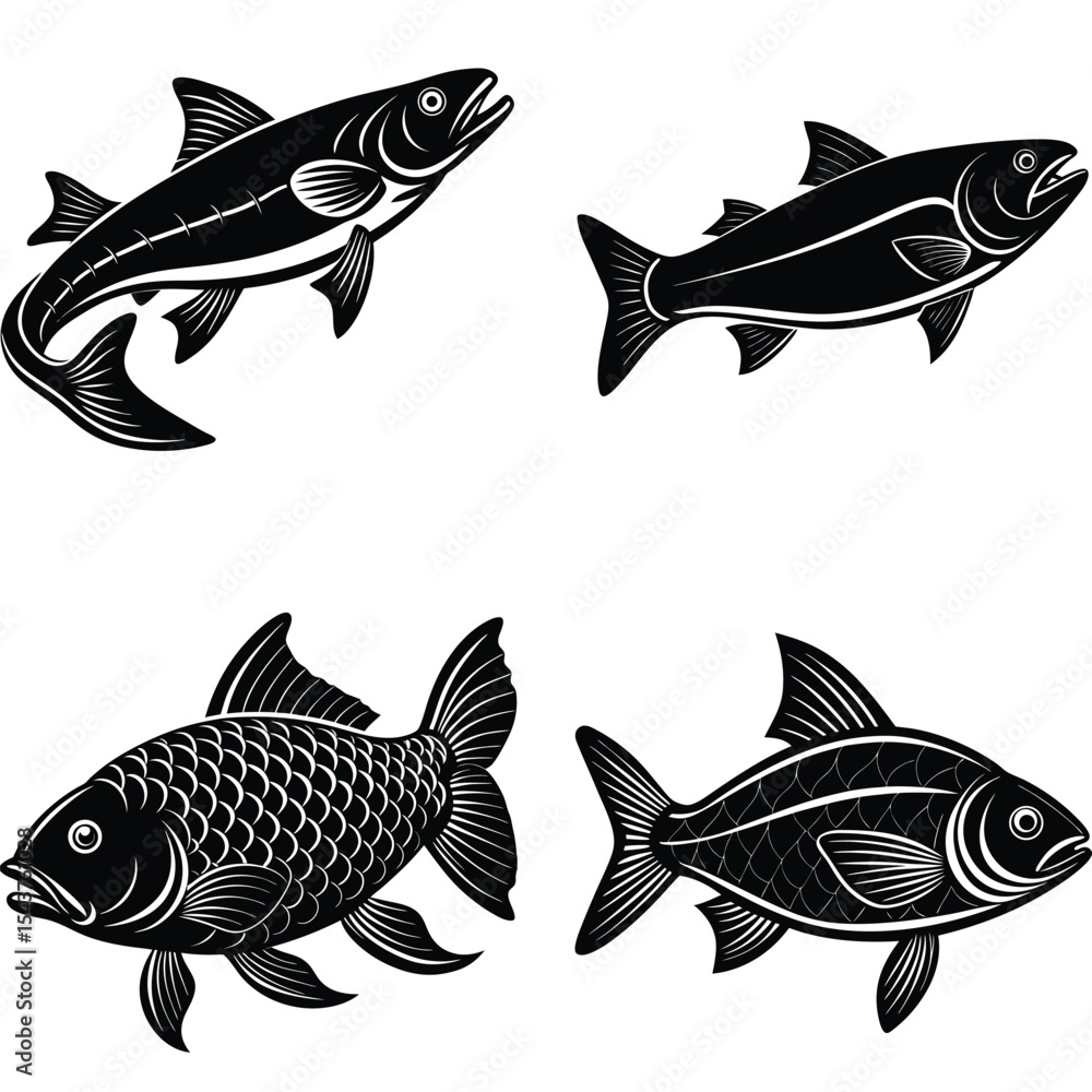 Fototapeta premium Four Elegant Black and White Fish Illustrations Perfect for Seafood Menus, Branding, or Design Projects