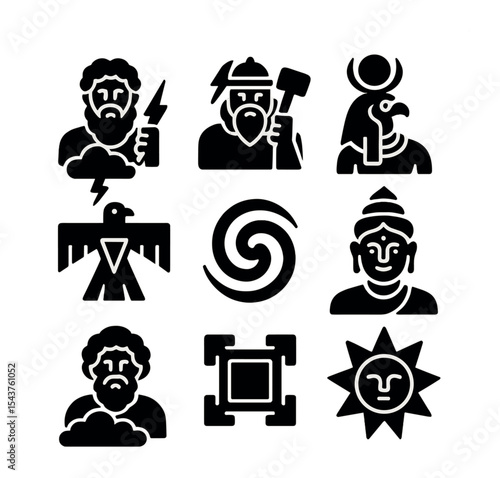 Sky Deities Icon Set. Solid, filled icons set of powerful sky deities in different cultures: Greek sky god,