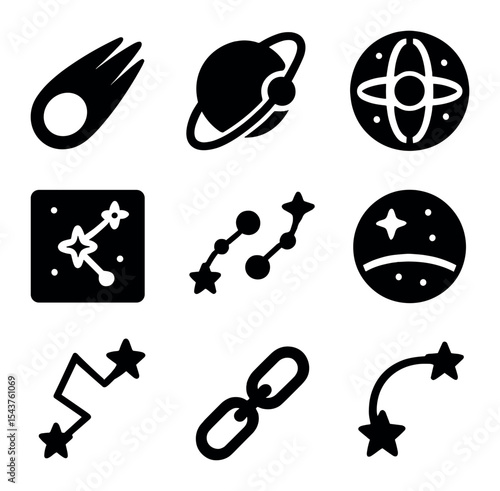Astral Icon Grid. Solid, filled icons set of cosmic and astral connections: comet icon, planetary orbit,