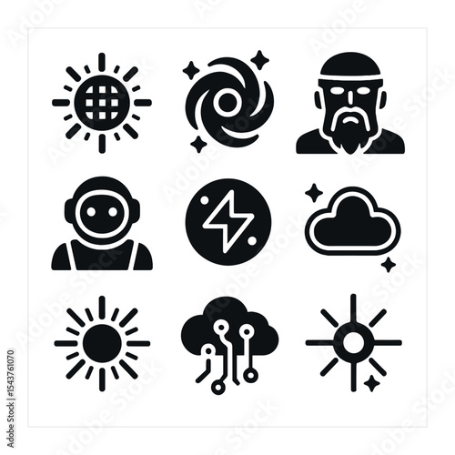 Futuristic Sky Deity Icons. Solid, filled icons set of modern interpretations of sky deities: digital sun,