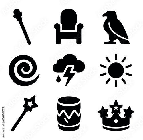 Sky God Icon Set. Solid, filled icons set of sky god attributes and powers: scepter icon, throne icon, divine