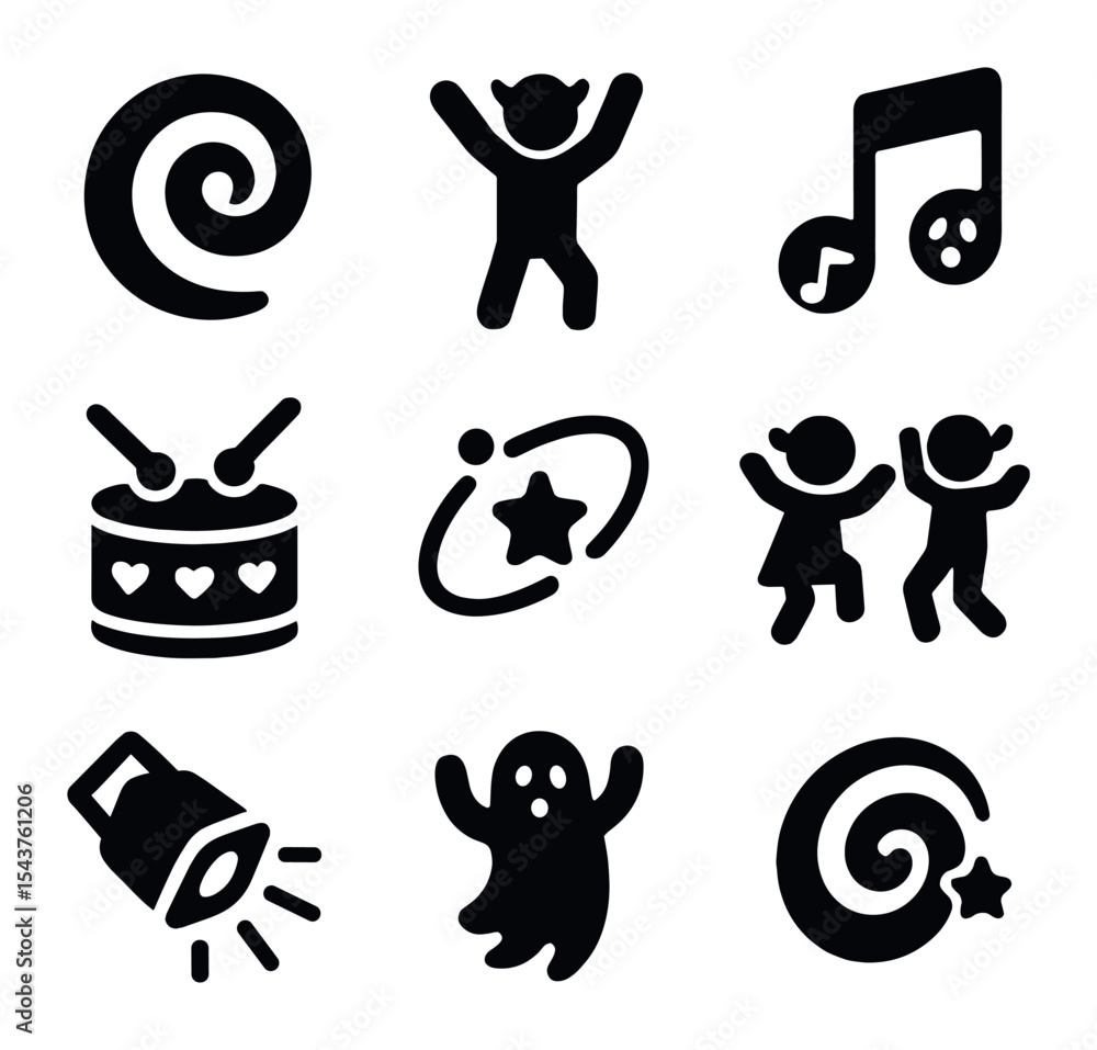 Halloween Dance Icons. Solid, filled icons set of Halloween dance and music activities: dance swirl, kid icon, Halloween Dance Icons. Solid, filled icons set of Halloween dance and music activities: dance swirl, kid icon,