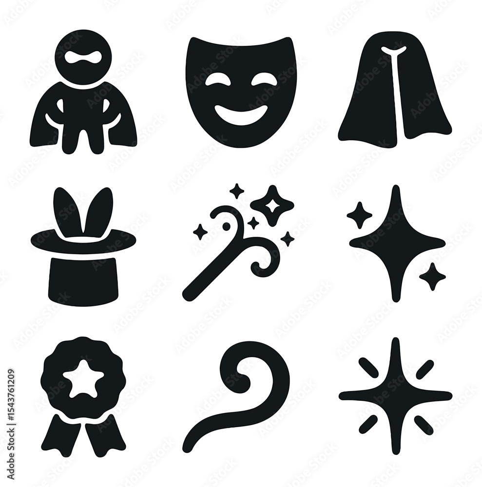 Costume Icon Collection. Solid, filled icons set of costume contests and dress-up fun: costume icon, happy Costume Icon Collection. Solid, filled icons set of costume contests and dress-up fun: costume icon, happy