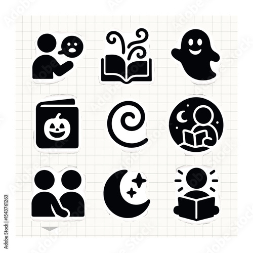 Halloween Story Icons. Solid, filled icons set of Halloween storytelling for kids: story icon, book swirl,