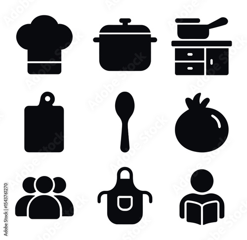 Cooking Class Icons. Solid, filled icons set of cooking class group activities: chef hat, cooking pot, kitchen
