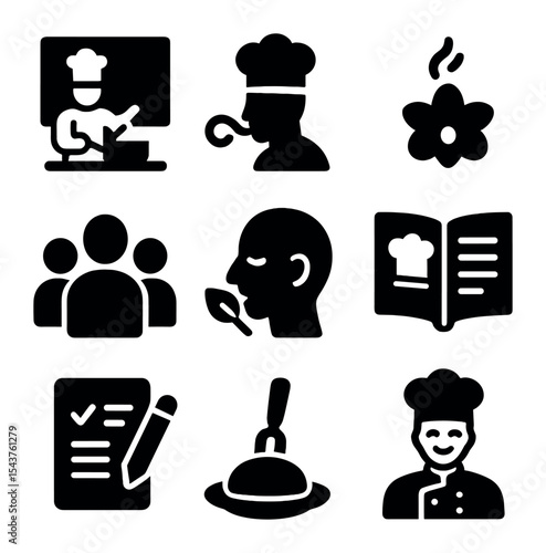 Interactive Culinary Icons. Solid, filled icons set of interactive culinary lessons: cooking demo, chef swirl,