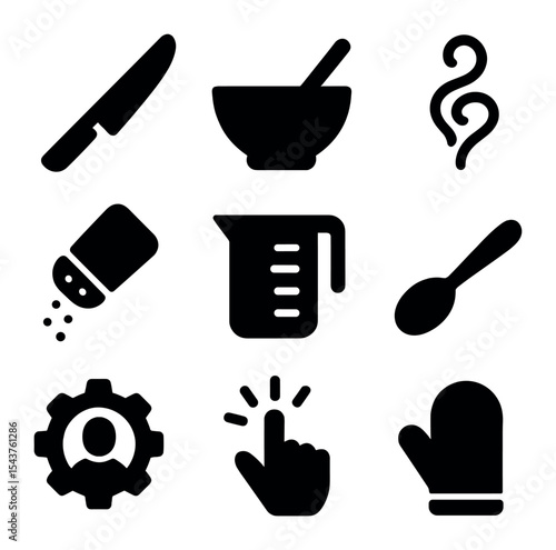 Cooking Techniques Icons. Solid, filled icons set of cooking techniques and practice: knife icon, mixing bowl,