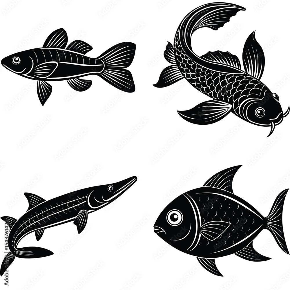 Fototapeta premium Elegant Black and White Fish Illustrations Koi, Carp, and More