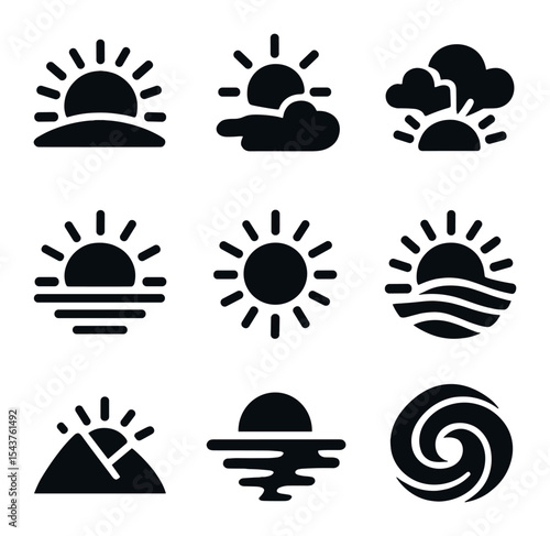 Sunrise and Sunset Icons. Solid, filled icons set of sunrise and sunset moments: sunrise glow, evening sun,