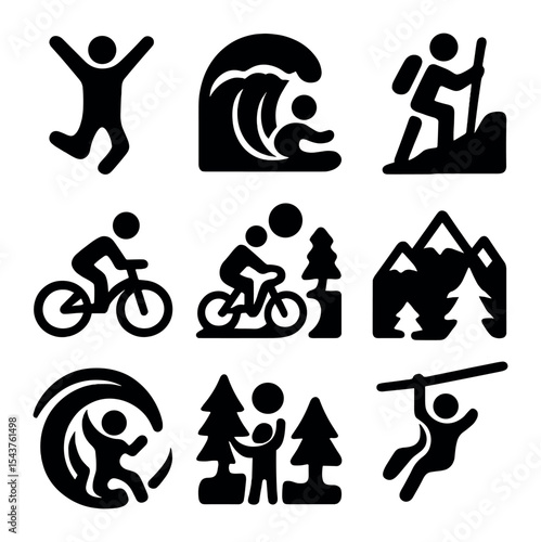 Adventure Icons Grid. Solid, filled icons set of adventure and action shots: jump shot, wave crash, active