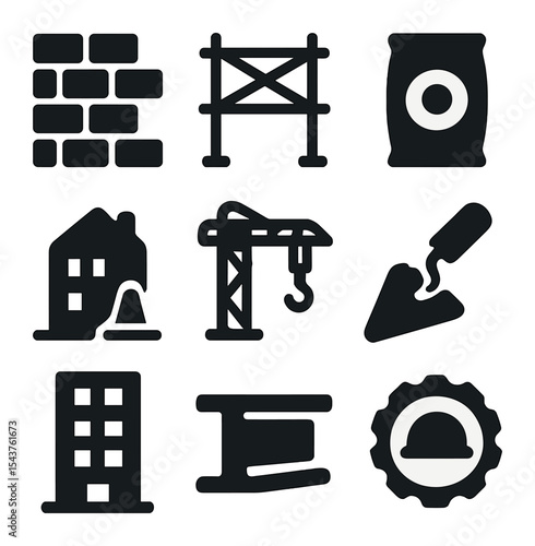 Construction Icon Set. Solid, filled icons set of construction and building services: brick wall, scaffolding