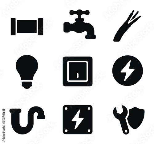 Plumbing and Electrical Icons. Solid, filled icons set of plumbing and electrical upgrades: water pipe, faucet