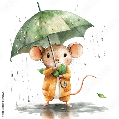 Adorable Mouse in Raincoat Holding Green Umbrella Amidst Gentle Rainfall