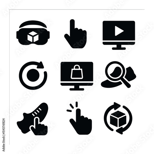 Virtual Demo Icons. Solid, filled icons set of virtual product demonstrations: AR headset, hand icon, demo