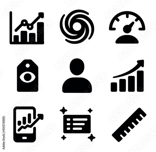 Analytics Icons Grid. Solid, filled icons set of analytics and metrics in AR marketing: chart icon, data swirl