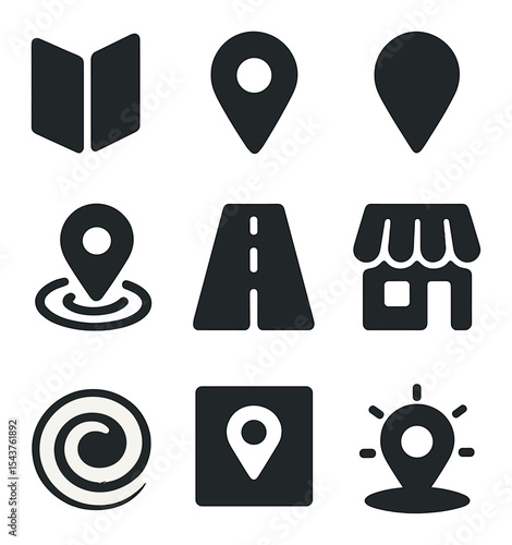 Location Icon Grid. Solid, filled icons set of location-based AR campaigns: map icon, location tag, pin icon,