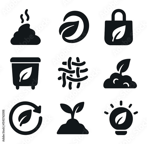 Eco-Friendly Icons. Solid, filled icons set of compostable and biodegradable materials: compost icon, leaf