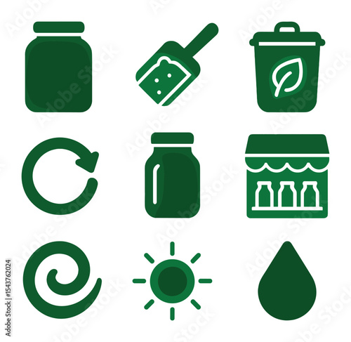 Eco Packaging Icons. Solid, filled icons set of refillable and bulk packaging: bulk jar, scoop icon, eco bin,