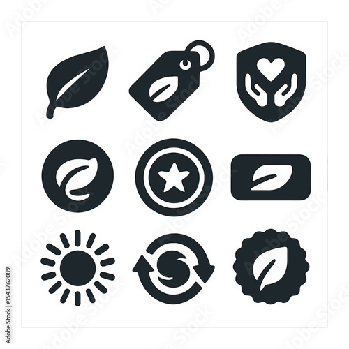 Eco-Friendly Icon Grid. Solid, filled icons set of brand responsibility and green labeling: brand leaf, green