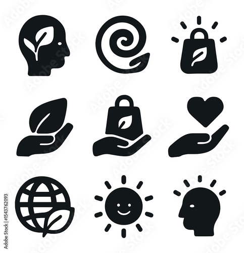 Mindful Consumer Icons. Solid, filled icons set of mindful consumer choices: mindful icon, conscious swirl,