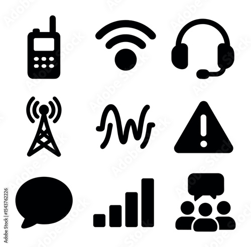 Communication Icon Grid. Solid, filled icons set of communication and signaling for line installers: