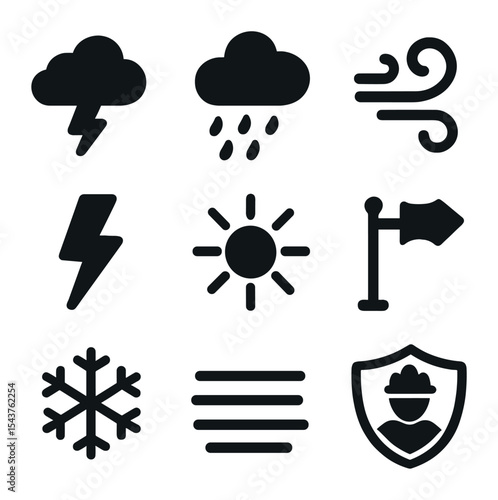 Weather Icons Grid. Solid, filled icons set of environmental and weather conditions: storm cloud, rain icon,