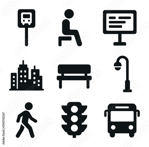 Urban Bus Stop Icons. Solid, filled icons set of urban bus stop scene: bus stop sign, waiting person, digital