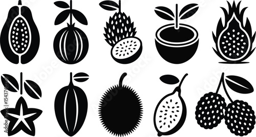 A collection of ten black and white stylized tropical fruits illustration