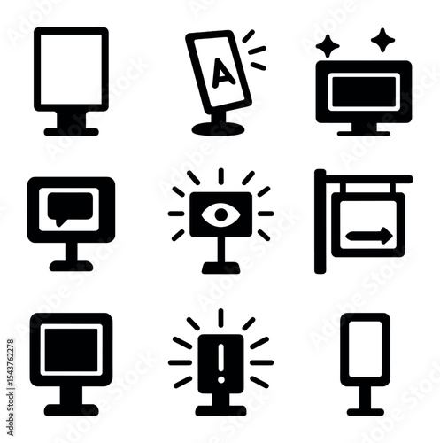 Digital Ad Icon Grid. Solid, filled icons set of digital advertising in public spaces: digital billboard, ad