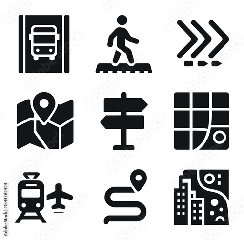 Urban Planning Icons. Solid, filled icons set of transportation infrastructure and urban planning: bus lane,