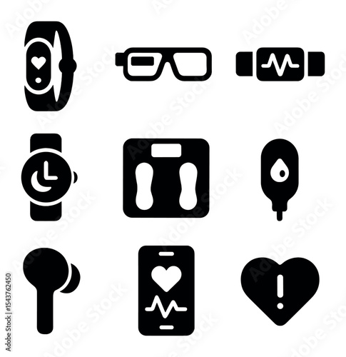 Wearable Tech Icons. Solid, filled icons set of wearable tech for biohacking: fitness tracker, smart glasses,