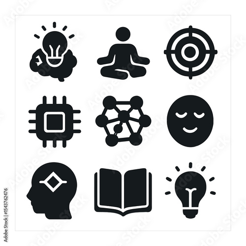 Cognitive Enhancement Icons. Solid, filled icons set of cognitive enhancement: brainlight, meditation icon,
