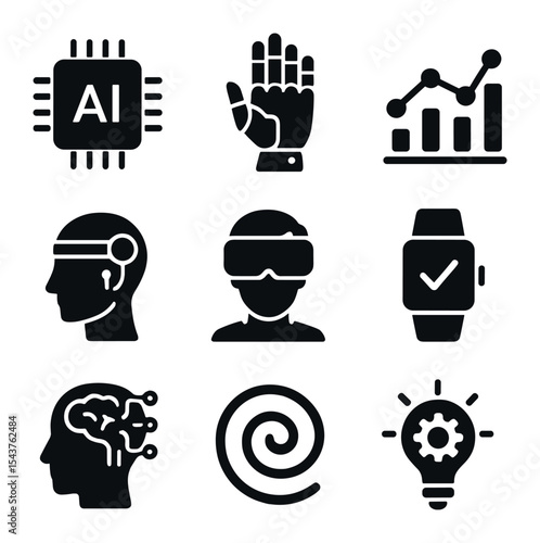 Biohacking Tech Icons. Solid, filled icons set of tech and AI in biohacking: AI chip, robot hand, data