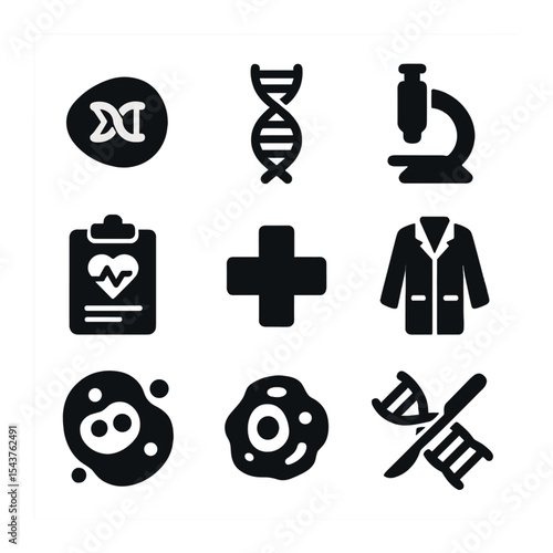 Genetic Biohacking Icons. Solid, filled icons set of genetic and medical biohacking: gene icon, DNA helix,