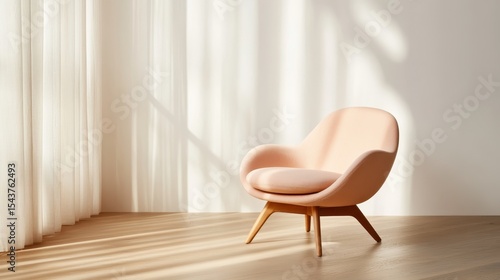 A modern, stylish pink armchair placed in a sunlit room, showcasing minimalist design and the interplay of light and shadow in a contemporary space.