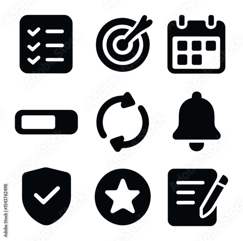 Habit Tracker Icons. Solid, filled icons set of habit tracking and goal setting: checklist icon, goal target,