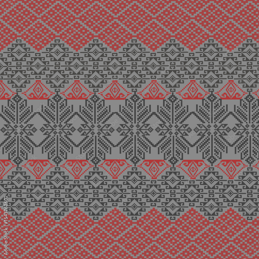 Fototapeta premium Regal Pixel Art seamless Pattern with Traditional geometric motifs in bold red and black colour contrast