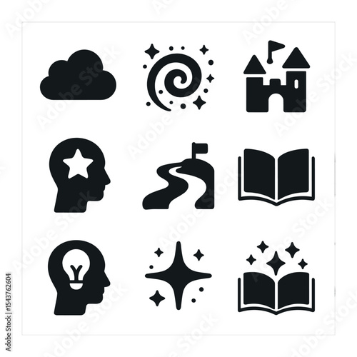 Imagination Icons Grid. Solid, filled icons set of literary escape and imagination: dream cloud, magic swirl,