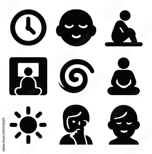 Quiet Moment Icons. Solid, filled icons set of quiet moments and personal time: clock icon, peaceful face,
