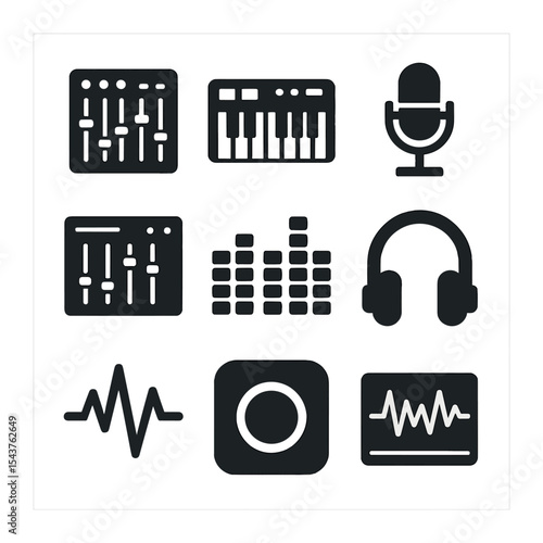 Music Tech Icons. Solid, filled icons set of music production tech: mixing console, MIDI keyboard, studio mic,