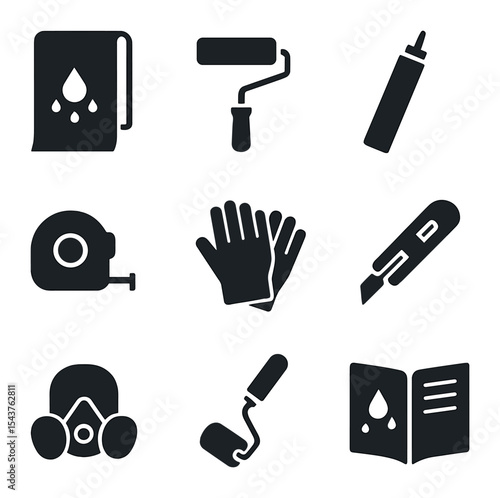Waterproofing Tools Icons. Solid, filled icons set of waterproof membrane installation: waterproof sheet,